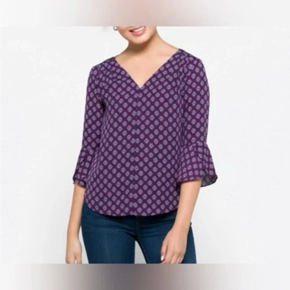 41 Hawthorn Purple Floral Print Pleat Design V-neck Tie Back 3/4 Sleeve Top XL